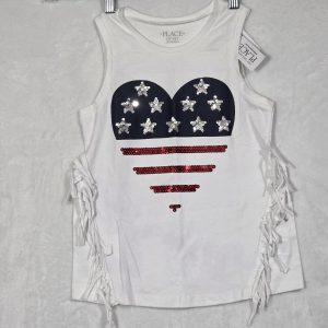 The Children's Place Girls Tank Top Size M 7/8 White Sequin Flag Fringe